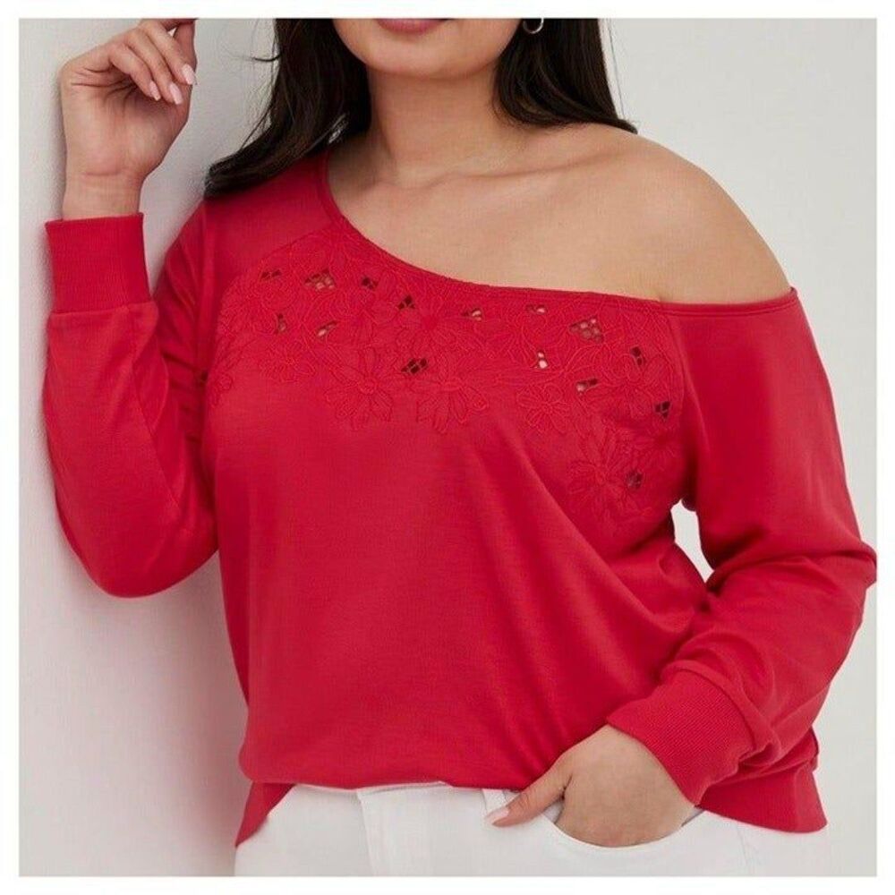 Torrid Off-Shoulder Light Weight French Terry Embroidered Sweatshirt